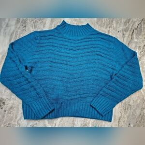 Poof! Teal Chenille Cropped Sweater – Ribbed Hem, Cozy Knit, Size L